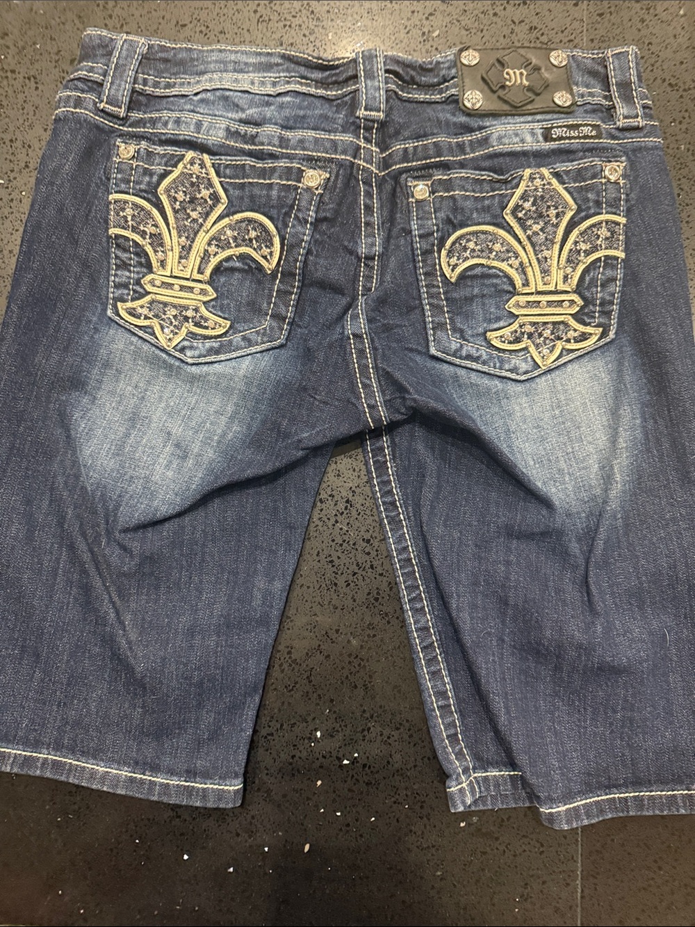 Miss Me Blue Denim Jean Shorts with Gold Fleur-de-Lis Embroidery